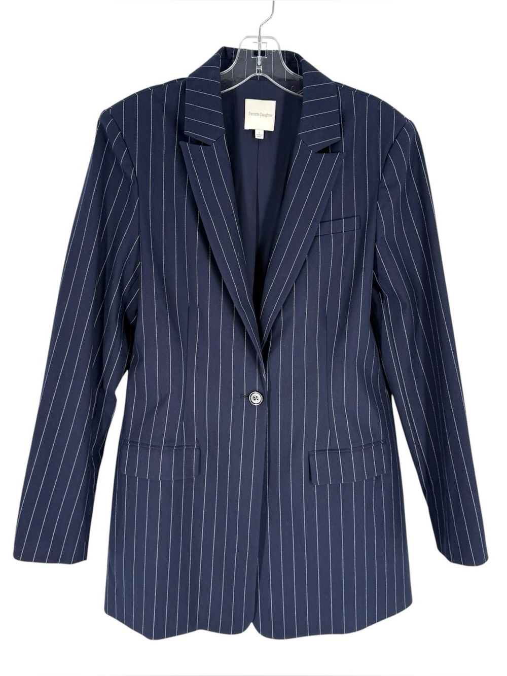 Favorite Daughter Pinstripe Blazer Womens Size Large Navy Blue Stretch Cotton